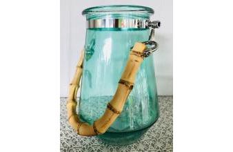 Glas Teelichthalter - Vase - Grünglas mit Bambus Griff