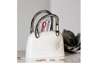 Designer Handtaschen Spardose aus Keramik Weiß / Silber