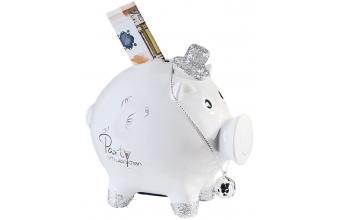 Casa Padrino Sparschwein mit Glitterzylinder & Discokugel-Halskette Weiß / Silber 14 x 10 x H. 12 cm - Designer Spardose