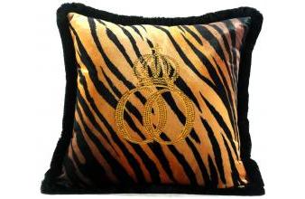 Harald Glööckler Luxus Deko Kissen Pompöös by Casa Padrino Krone Deluxe Tiger mit Strass Steinen Schwarz / Orange / Gold - Glööckler Kissen