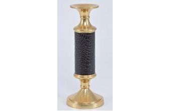 Luxus Messing Kerzenständer mit Ledergriff Schwarz / Gold Ø 11 x H. 30 cm - Luxus Accessoires