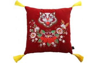 Luxus Samtkissen mit Troddeln Cat Rot / Mehrfarbig / Gelb 45 x H. 45 cm - Designer Deko Kissen mit feinstem Samtstoff