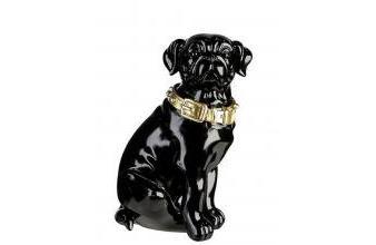 Dekofigur Hund mit Halsband Schwarz glänzend / Gold 11 x 10 x H. 16 cm - Deko Skulptur